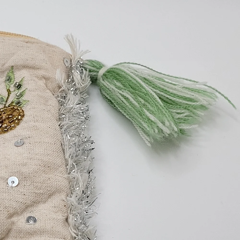 Fringe Beaded Sequins Tassle Cream Makeup Bag or Clutch Metallic Cotton Linen
